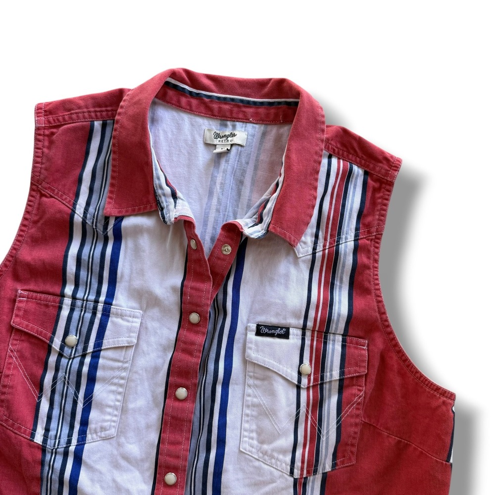 Wrangler Retro Women XL Red White Blue Striped Brushpopper Sleeveless Snap Shirt